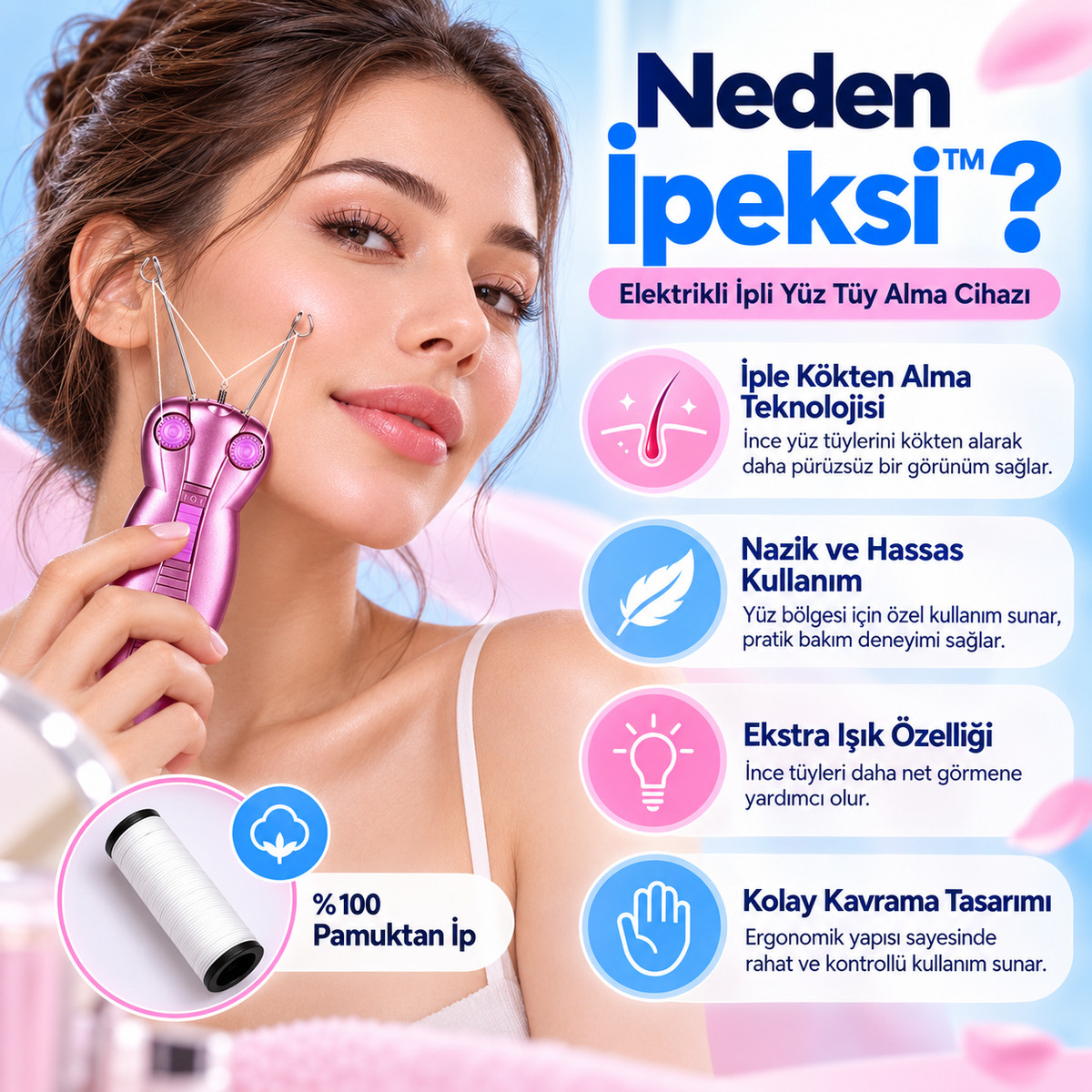 İpeksi™ – Elektrikli İpli Yüz Tüy Alma Cihazı
